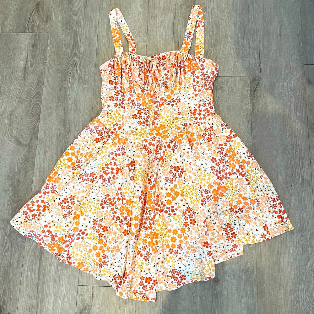 5/$25 Floral Ruched Bust V Cut Bow Tied Tank Mini Sundress Orange Yellow Gold